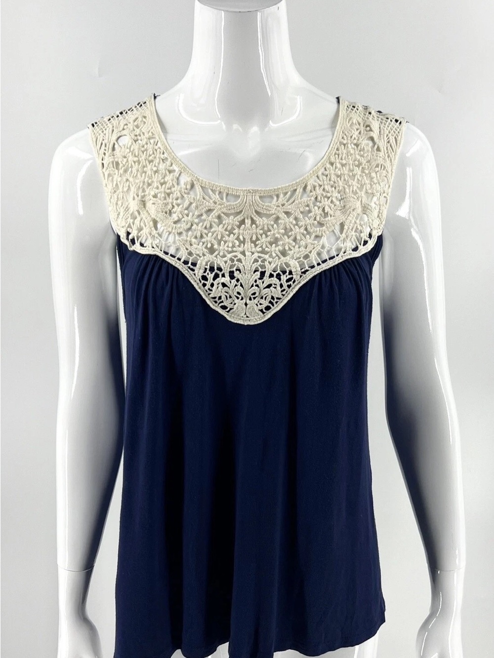 Women's Navy Short Sleeve Top with Cream Crochet Yoke
